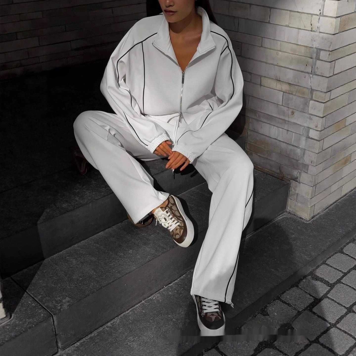 Women's Solid Color Long-sleeved Double Zipper Short Cardigan Lace-up Sports Pants
