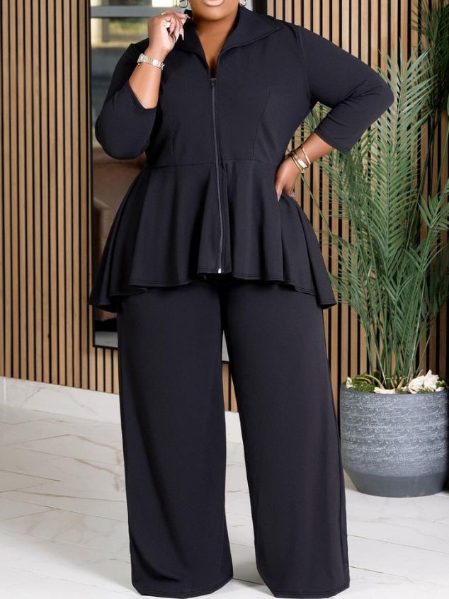 Fashion Commuter Long Sleeve Lapel Zipper Top Wide Leg Pants Solid Color Suit