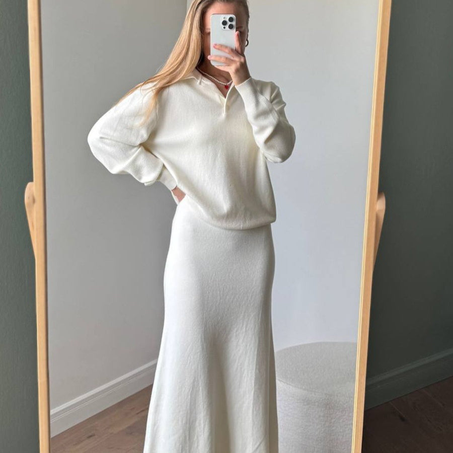 Vintage Casual All-matching Polo Lapel Knitted Sweater Two-piece Overskirt Suit