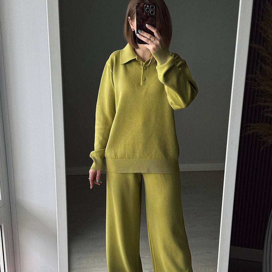 Vintage Casual All-matching Polo Lapel Knitted Sweater Two-piece Overskirt Suit