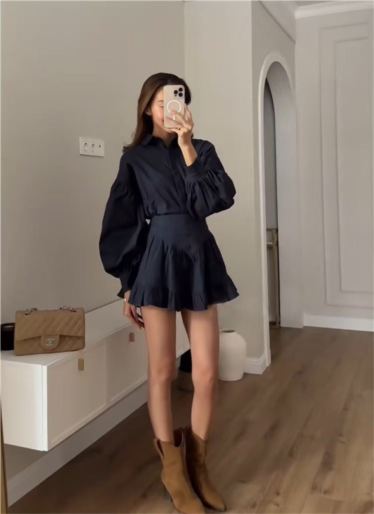 Lantern Sleeve Shirt Ruffled Skirt Suit Women