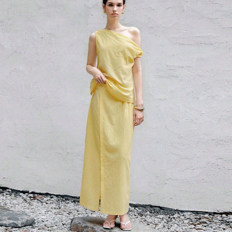 Shoulder Sleeveless Top Straight Skirt Suit Solid Color