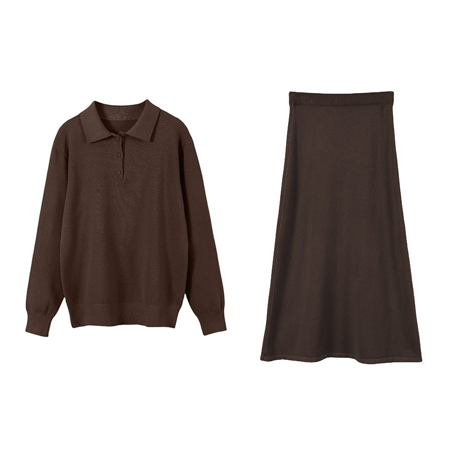 Vintage Casual All-matching Polo Lapel Knitted Sweater Two-piece Overskirt Suit