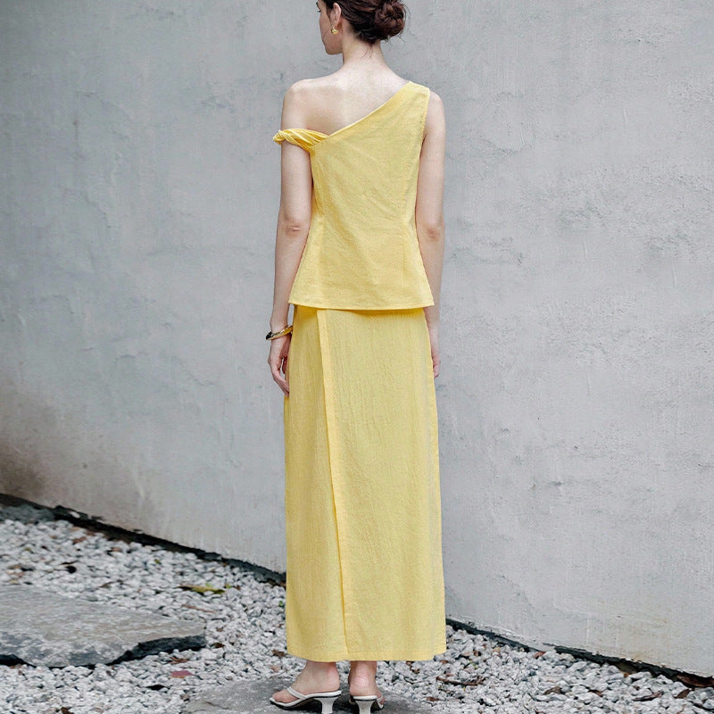 Shoulder Sleeveless Top Straight Skirt Suit Solid Color