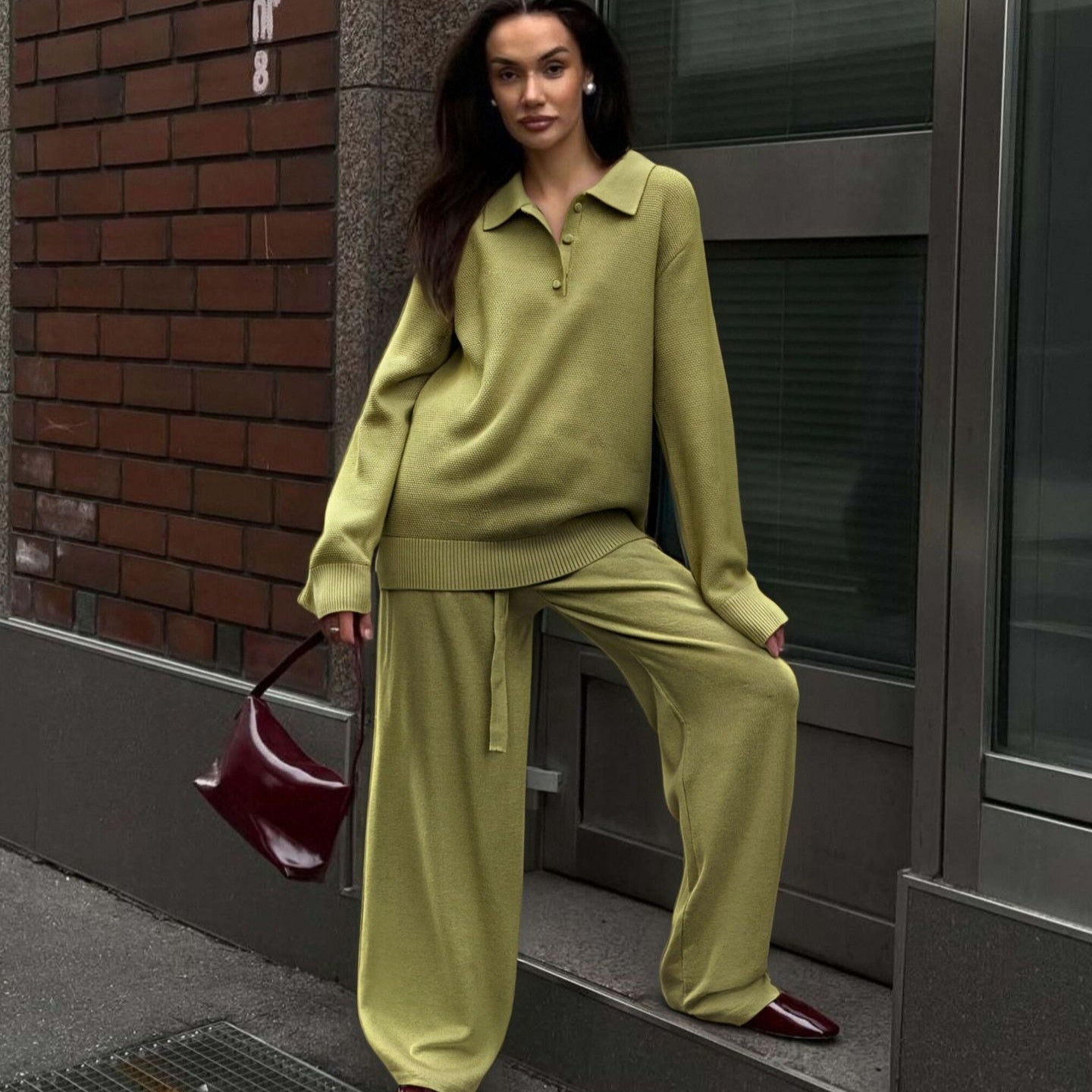 Vintage Casual All-matching Polo Lapel Knitted Sweater Two-piece Overskirt Suit