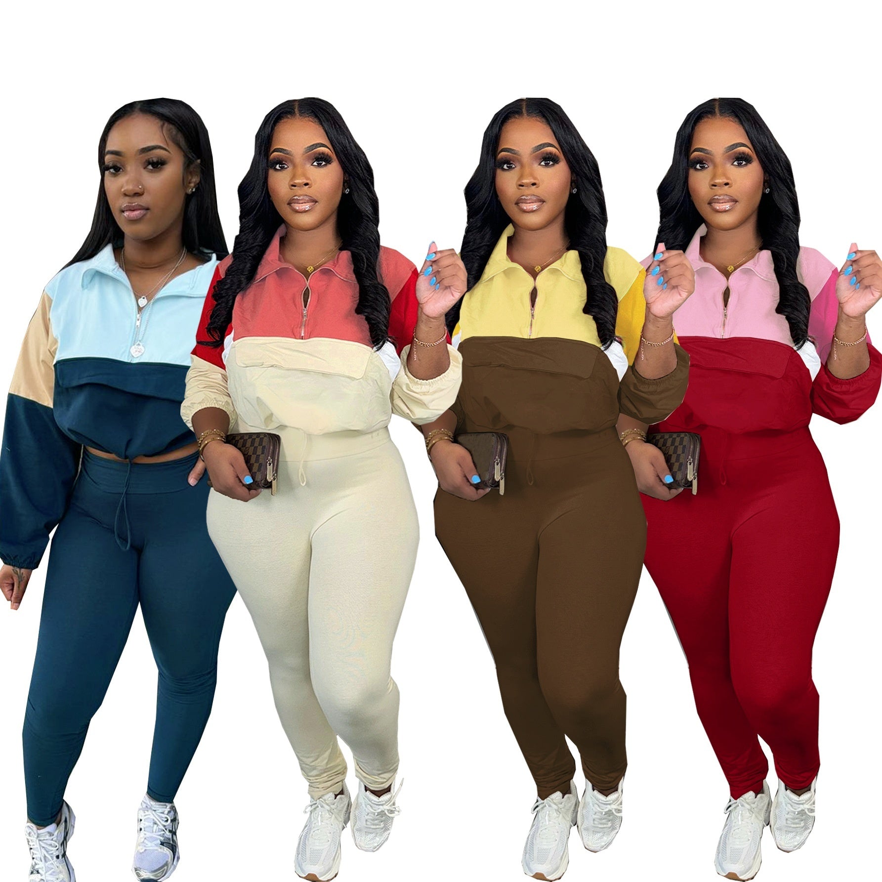 Contrast Color Suit Zipper Multicolor Hoodie Tights