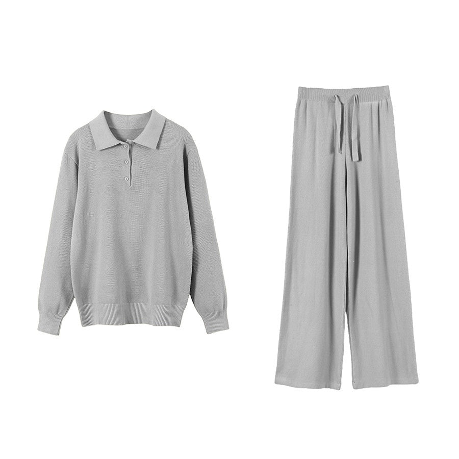 Vintage Casual All-matching Polo Lapel Knitted Sweater Two-piece Overskirt Suit