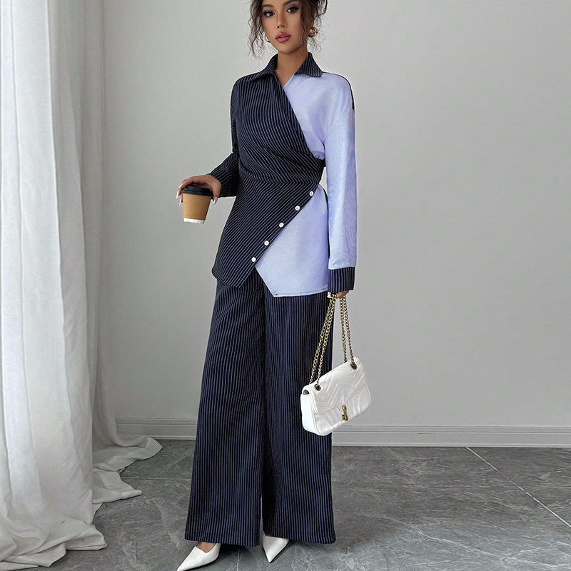 Contrast Color Lace-up Long Sleeve Shirt Straight-leg Trousers Suit