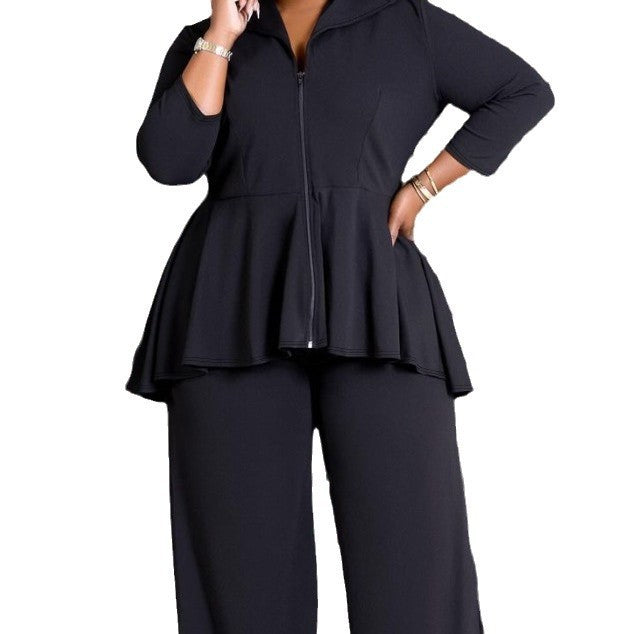 Fashion Commuter Long Sleeve Lapel Zipper Top Wide Leg Pants Solid Color Suit