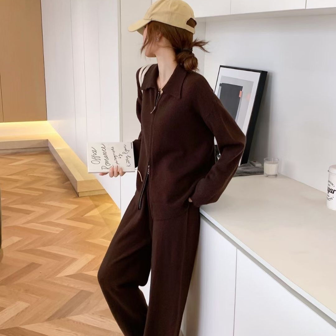 Knitting Suit Women's Double Zipper And Lapel Cardigan Sweater Wide Leg Pants Casual
