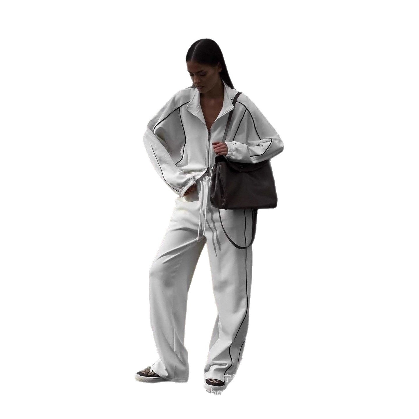Women's Solid Color Long-sleeved Double Zipper Short Cardigan Lace-up Sports Pants