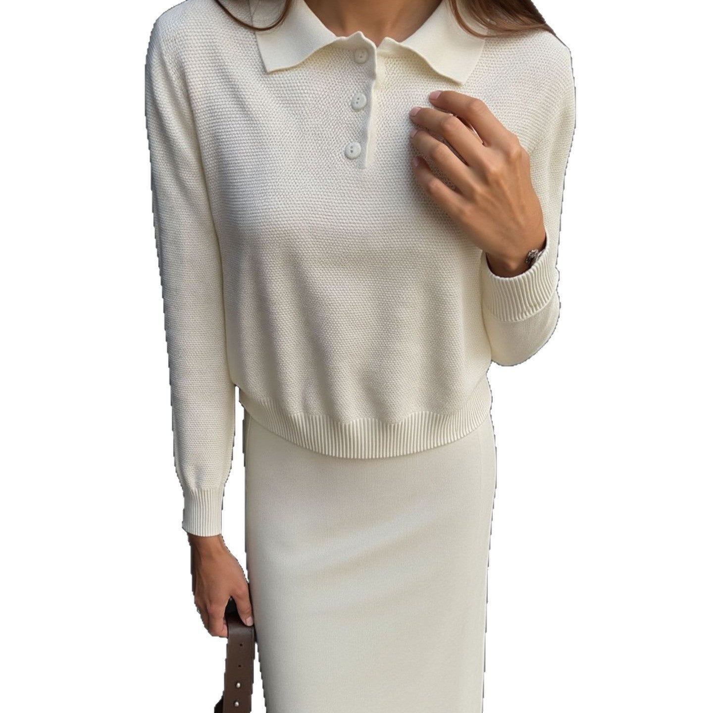 Vintage Casual All-matching Polo Lapel Knitted Sweater Two-piece Overskirt Suit
