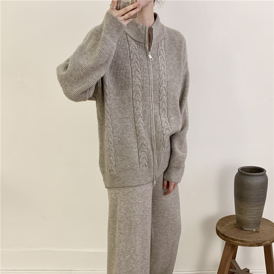 Women's Knitted Zipper Top And Trousers Suit