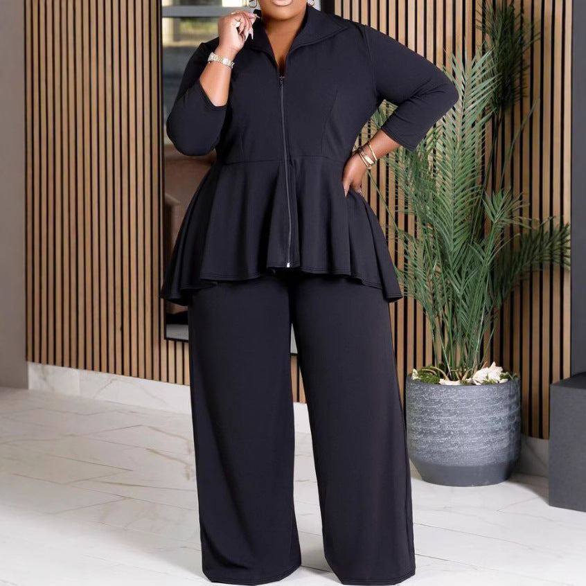 Fashion Commuter Long Sleeve Lapel Zipper Top Wide Leg Pants Solid Color Suit