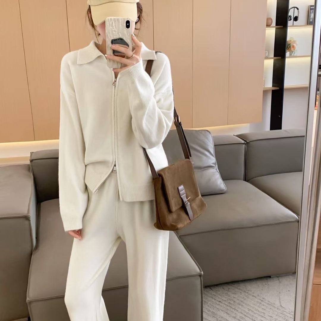 Knitting Suit Women's Double Zipper And Lapel Cardigan Sweater Wide Leg Pants Casual