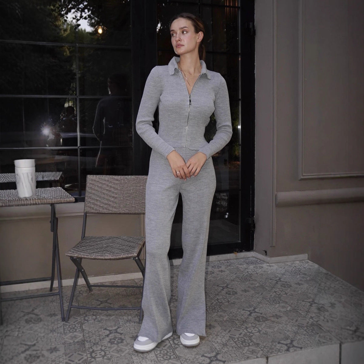Knitted Cardigan Suit Short Cardigan Split Trousers