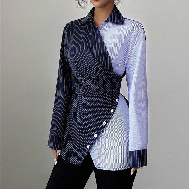 Contrast Color Lace-up Long Sleeve Shirt Straight-leg Trousers Suit