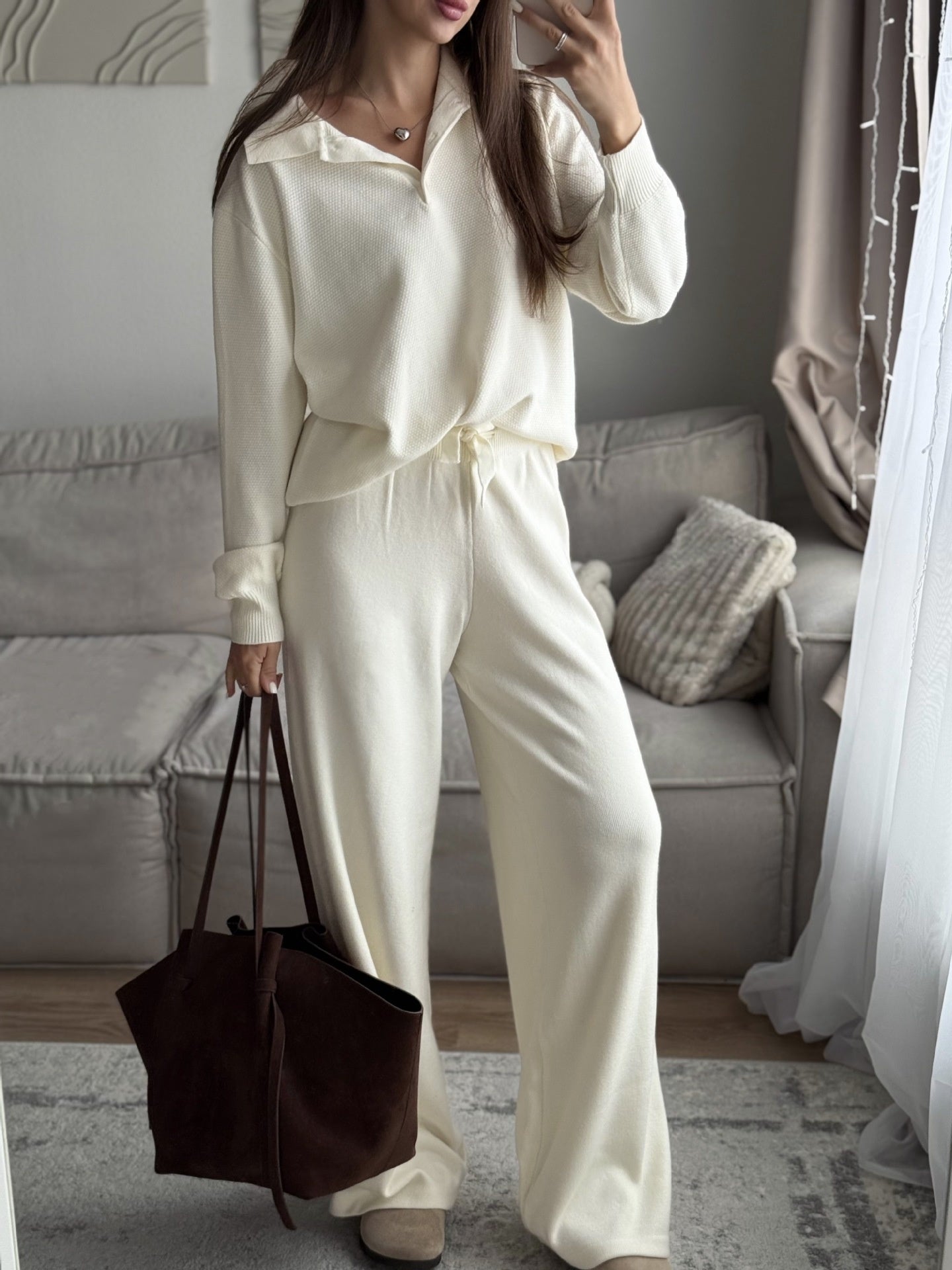 Vintage Casual All-matching Polo Lapel Knitted Sweater Two-piece Overskirt Suit