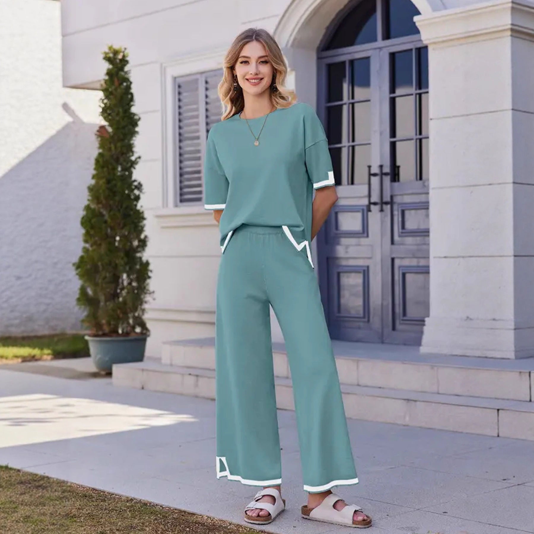 Knitwear High Waist Slimming Wide Leg Pants Trousers Two-piece Suit