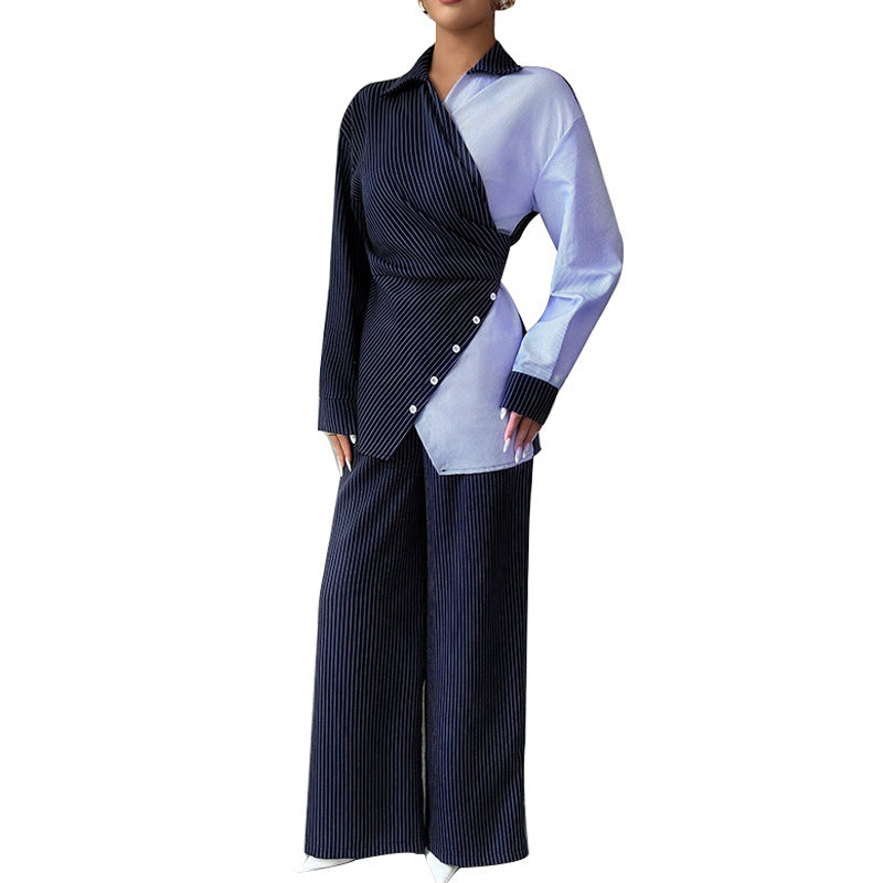 Contrast Color Lace-up Long Sleeve Shirt Straight-leg Trousers Suit