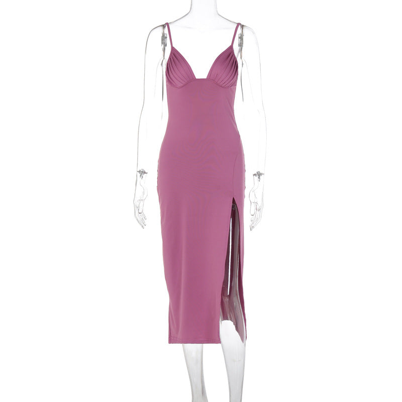 Elevate Your Style: Stunning Spaghetti Strap Bodycon Dress with Deep V-Neck and Eye-Catching Split Design for Effortless Glamour