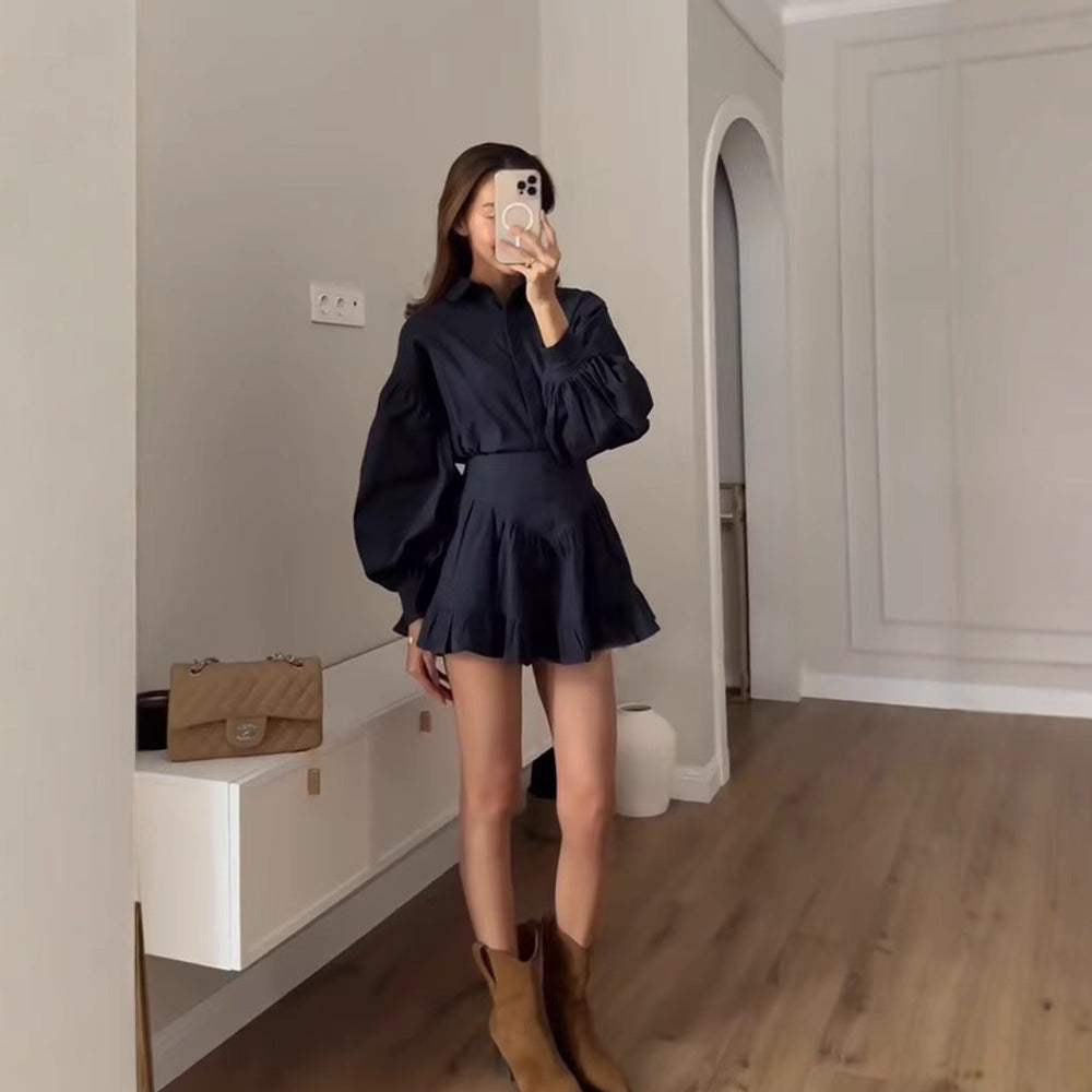 Lantern Sleeve Shirt Ruffled Skirt Suit Women