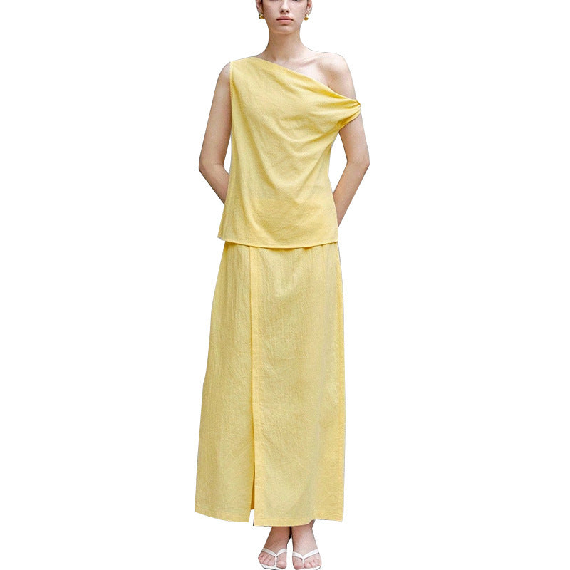 Shoulder Sleeveless Top Straight Skirt Suit Solid Color