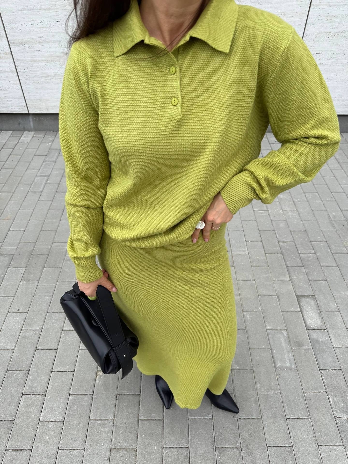 Vintage Casual All-matching Polo Lapel Knitted Sweater Two-piece Overskirt Suit