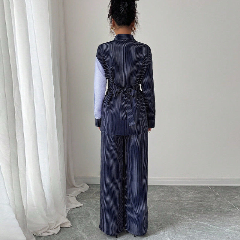 Contrast Color Lace-up Long Sleeve Shirt Straight-leg Trousers Suit