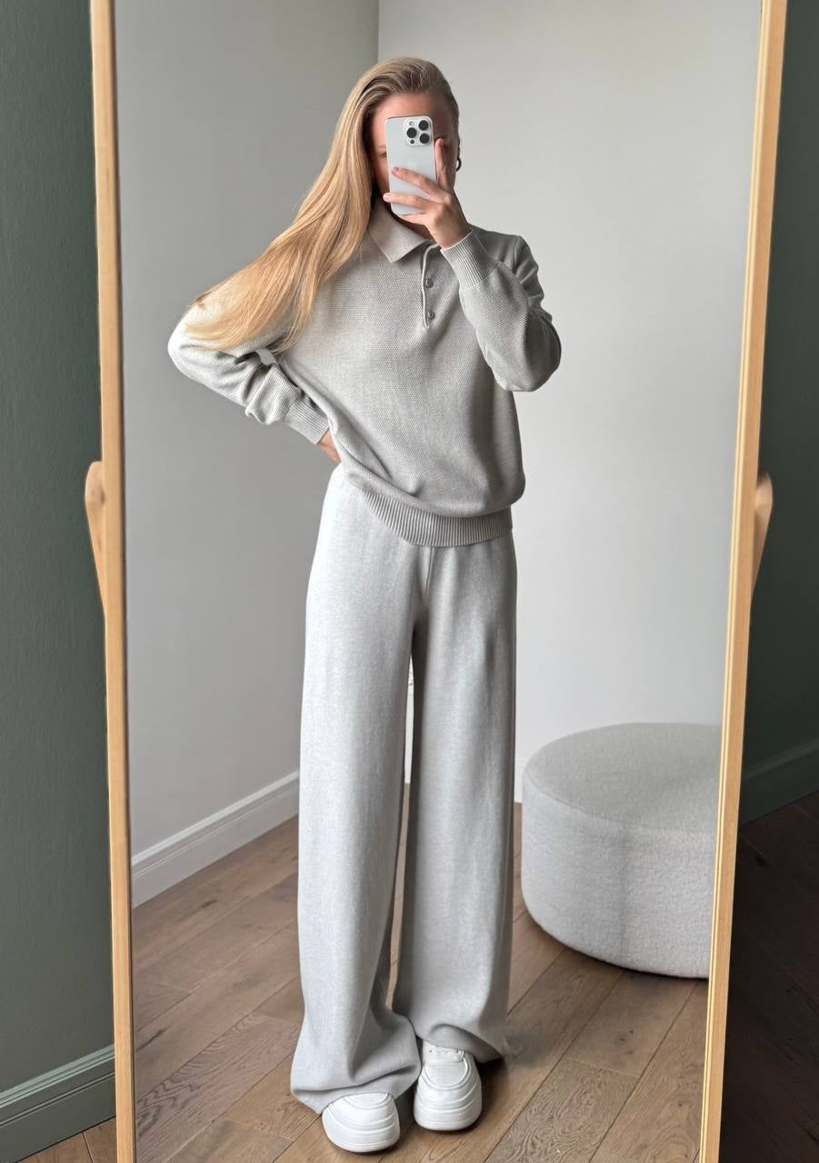 Vintage Casual All-matching Polo Lapel Knitted Sweater Two-piece Overskirt Suit