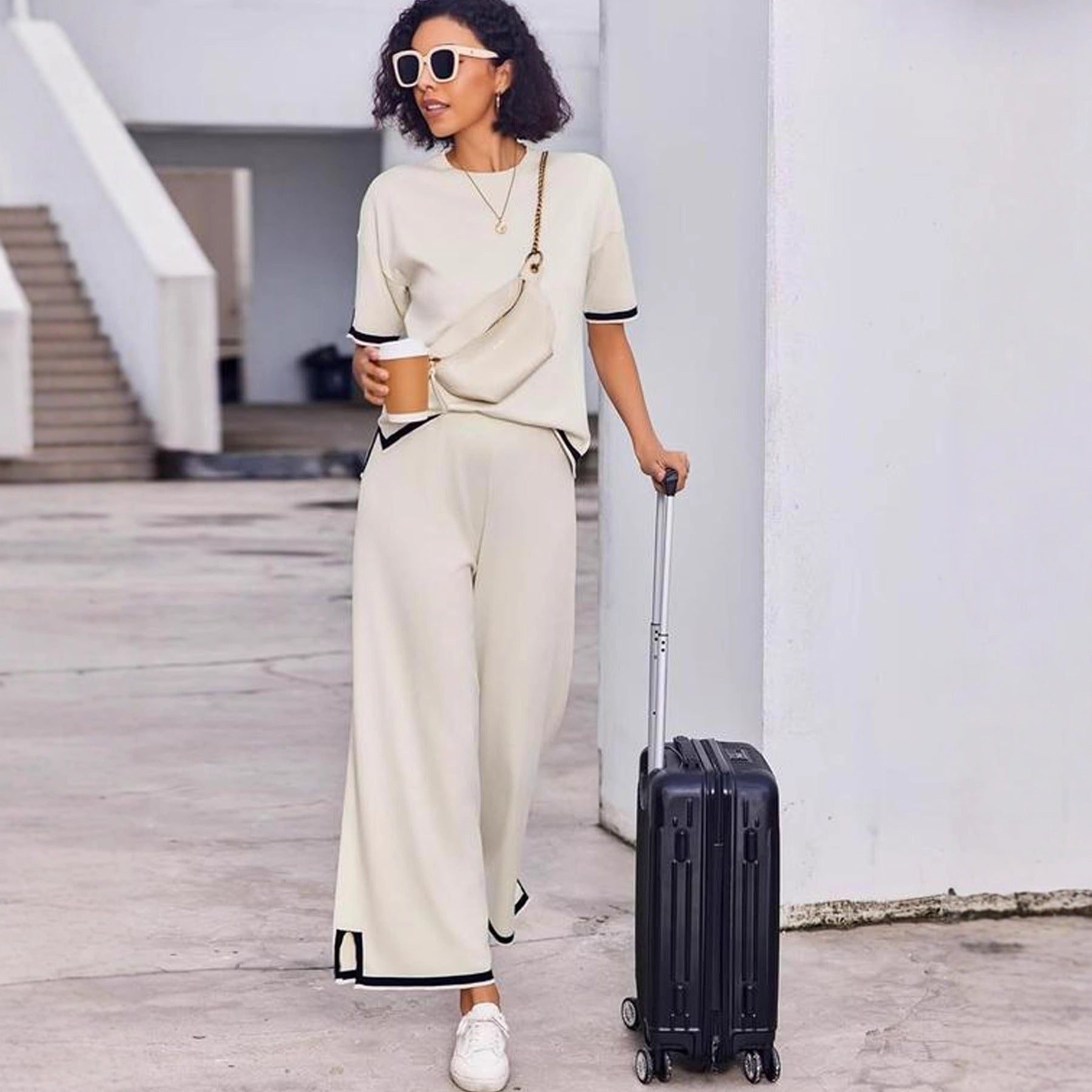 Knitwear High Waist Slimming Wide Leg Pants Trousers Two-piece Suit