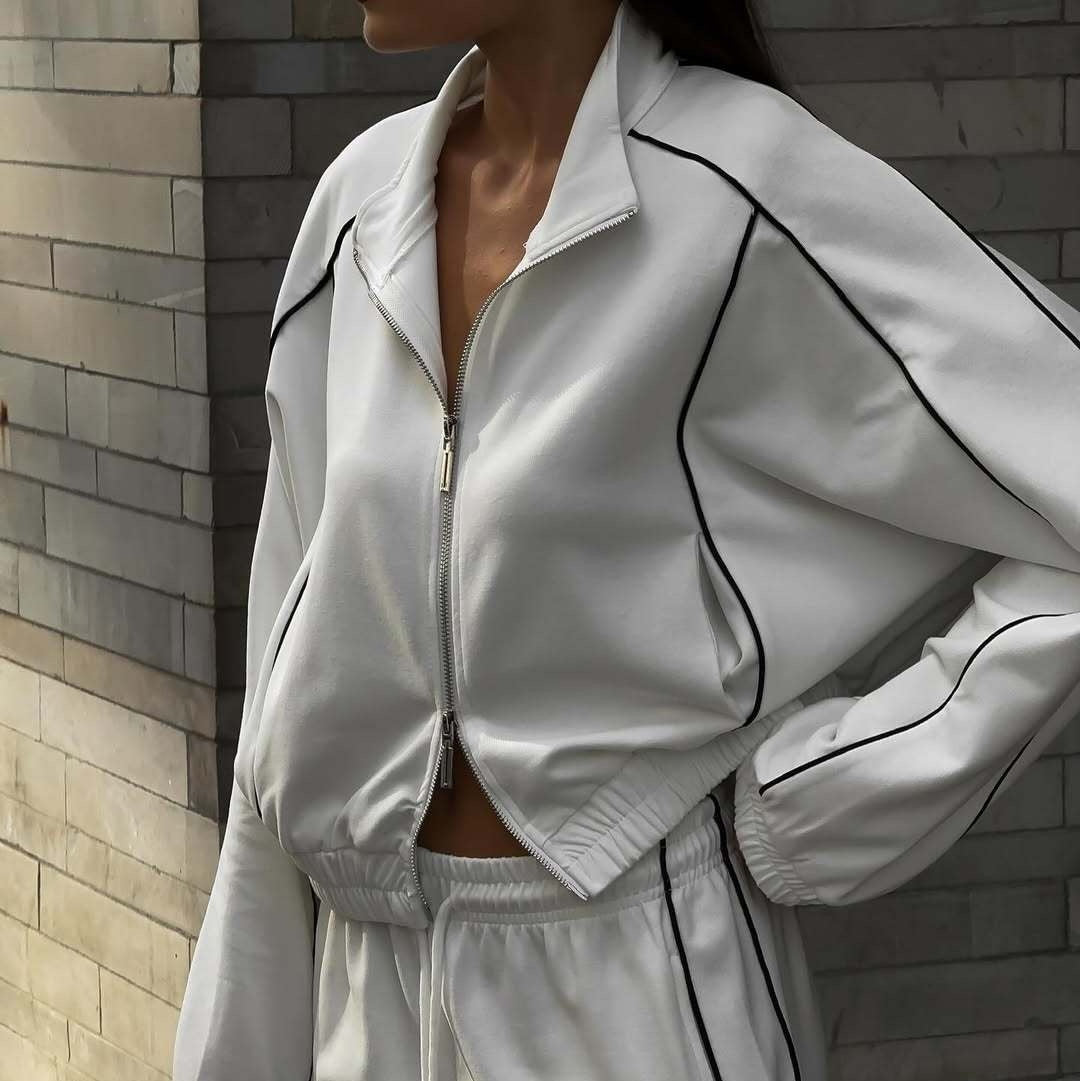 Women's Solid Color Long-sleeved Double Zipper Short Cardigan Lace-up Sports Pants