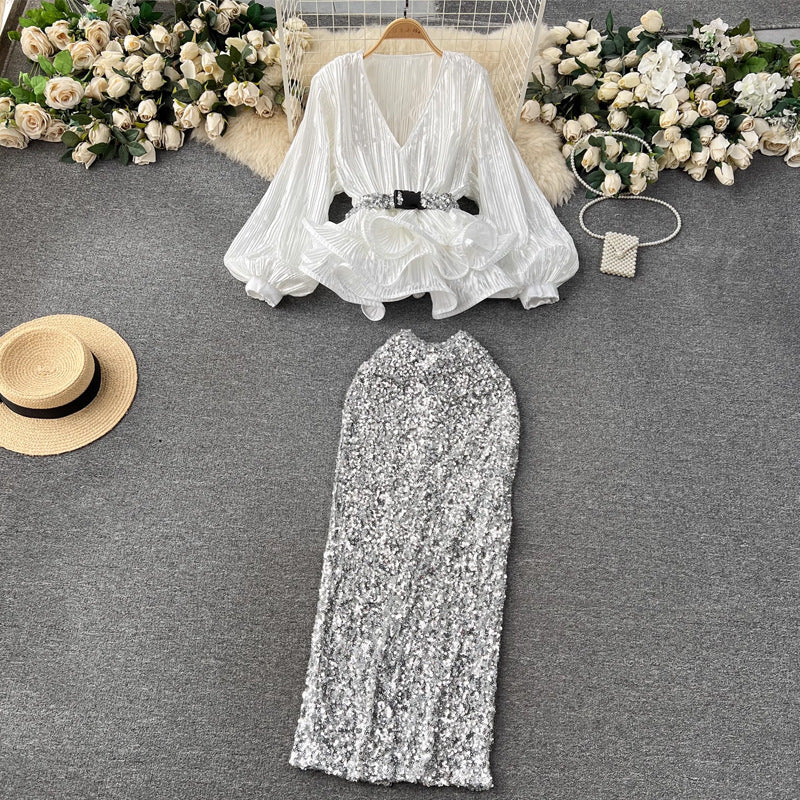 Women's Waist Trimming Ruffles Top Sequined Skirt