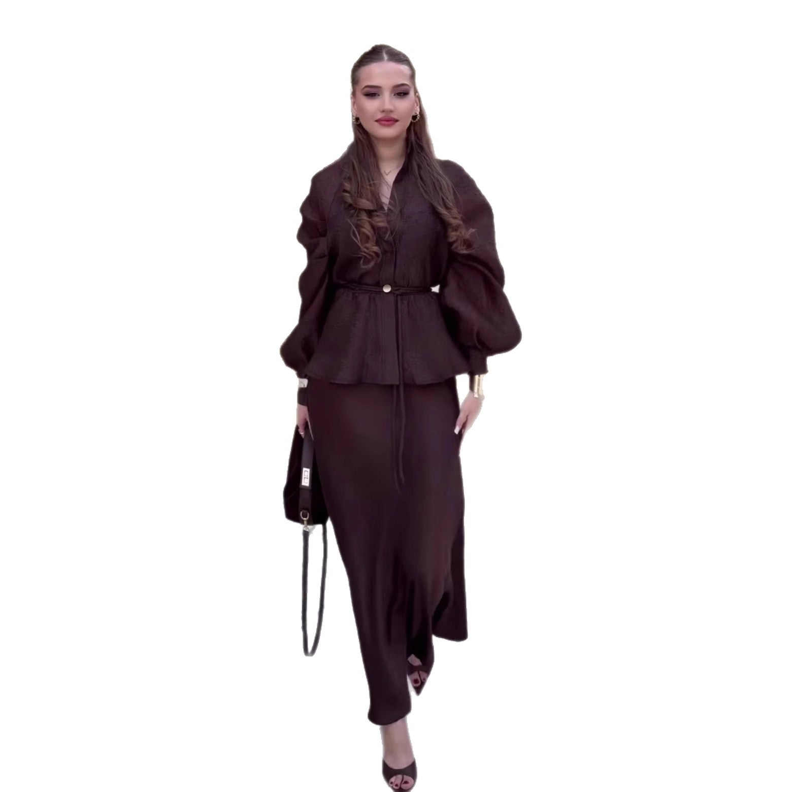 Elegant V-neck Waist-controlled Long Sleeves Cardigan Top High Waist Mid-length Dress Set