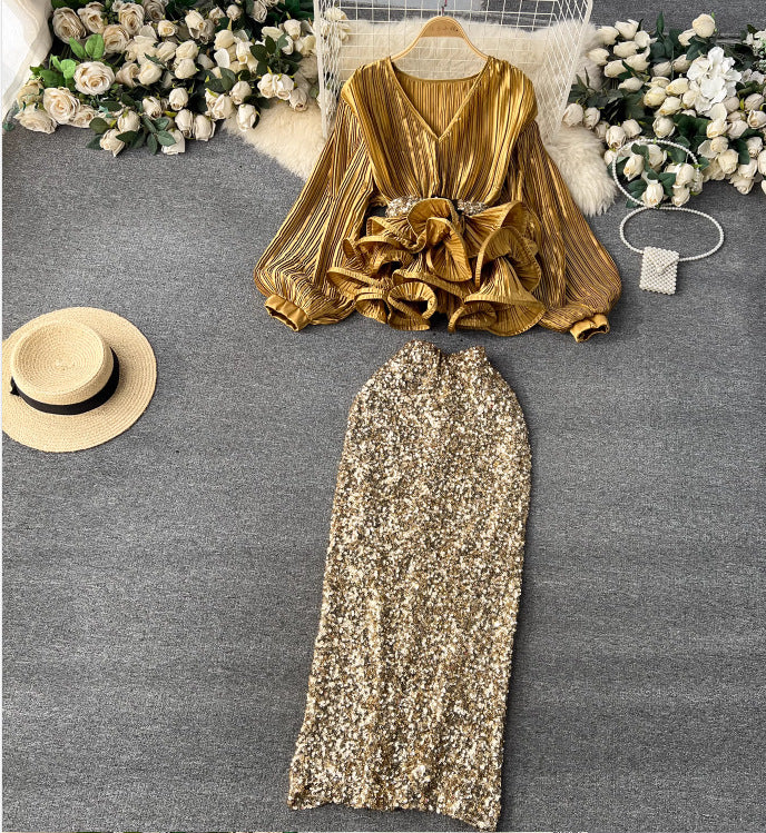 Women's Waist Trimming Ruffles Top Sequined Skirt