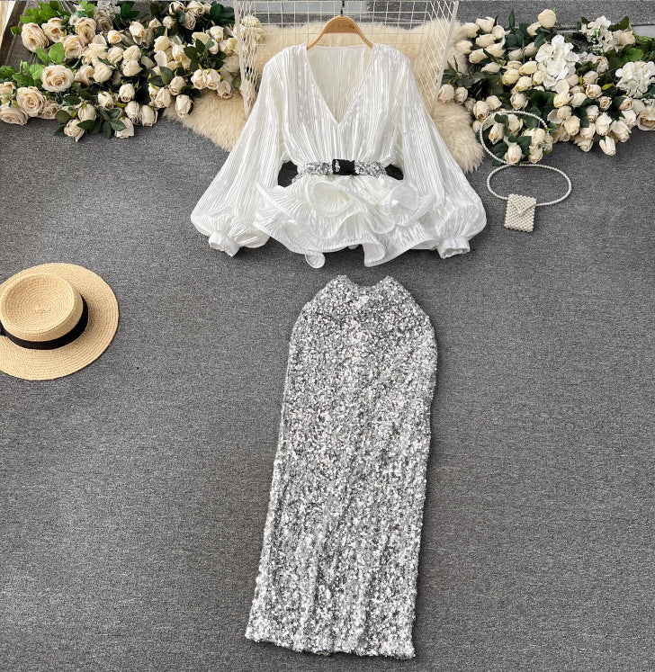 Women's Waist Trimming Ruffles Top Sequined Skirt
