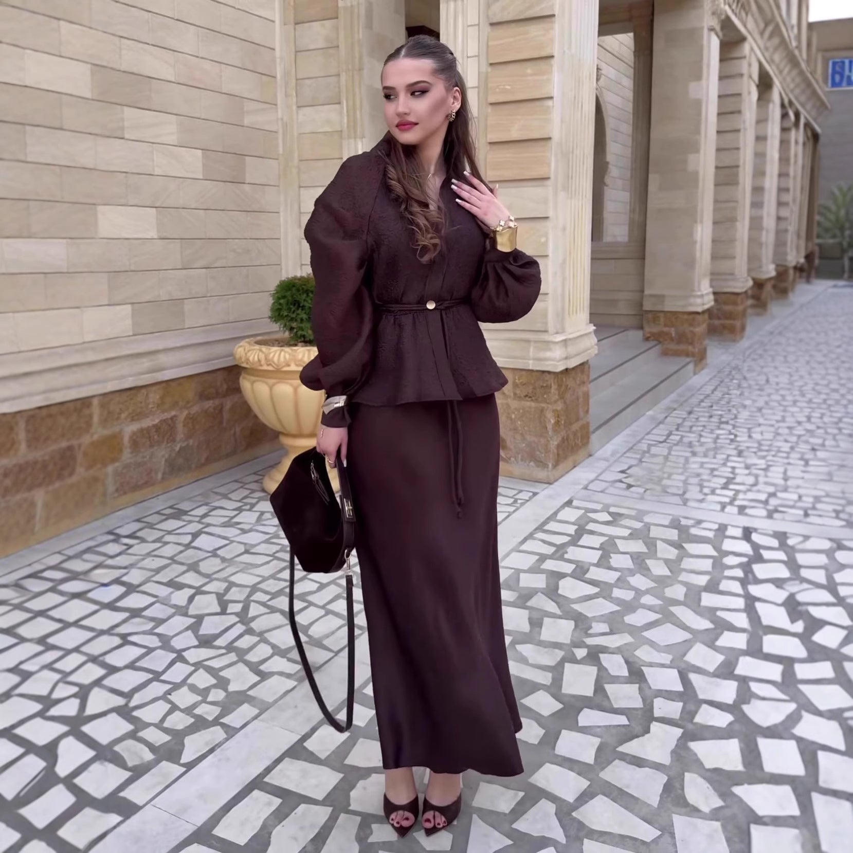 Elegant V-neck Waist-controlled Long Sleeves Cardigan Top High Waist Mid-length Dress Set
