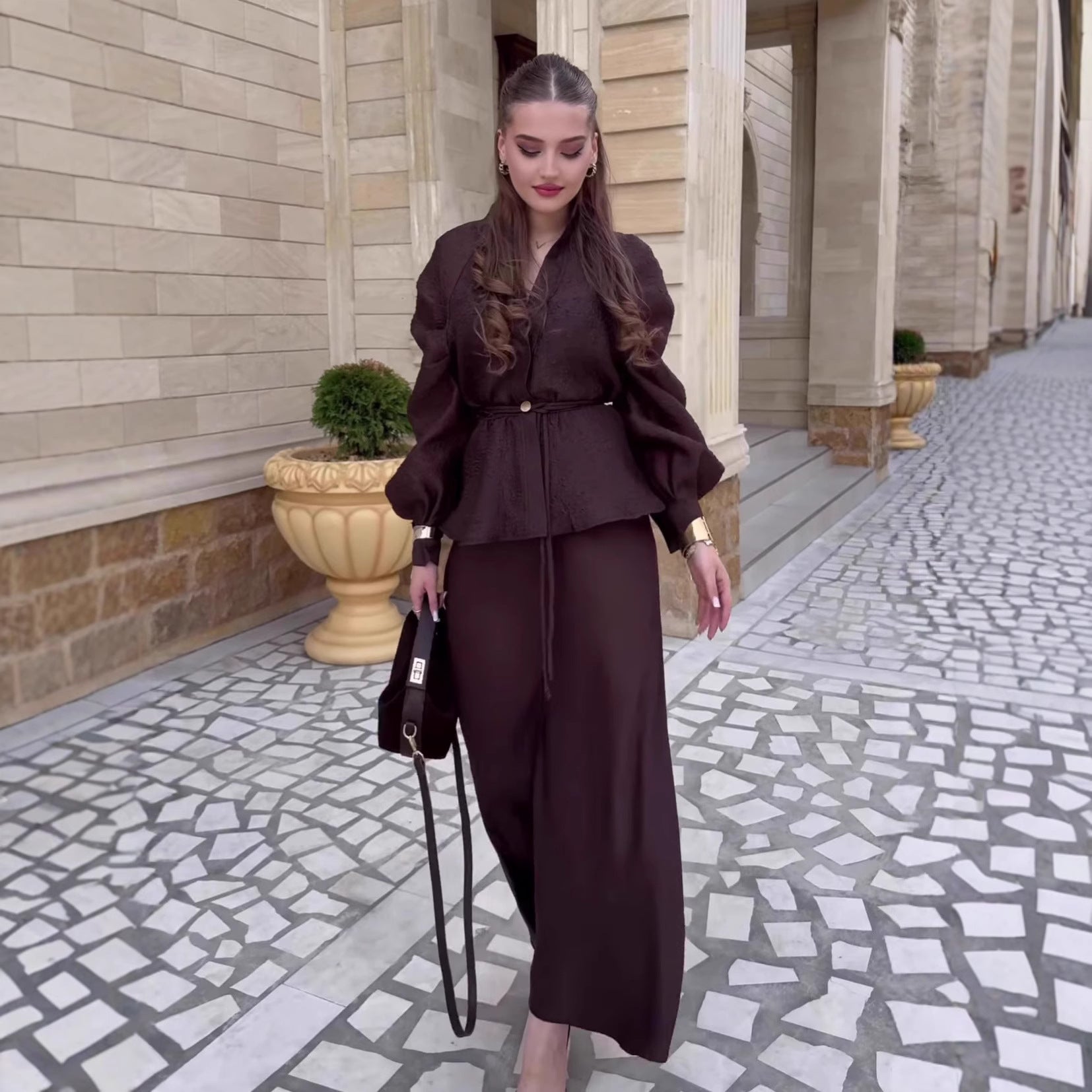Elegant V-neck Waist-controlled Long Sleeves Cardigan Top High Waist Mid-length Dress Set