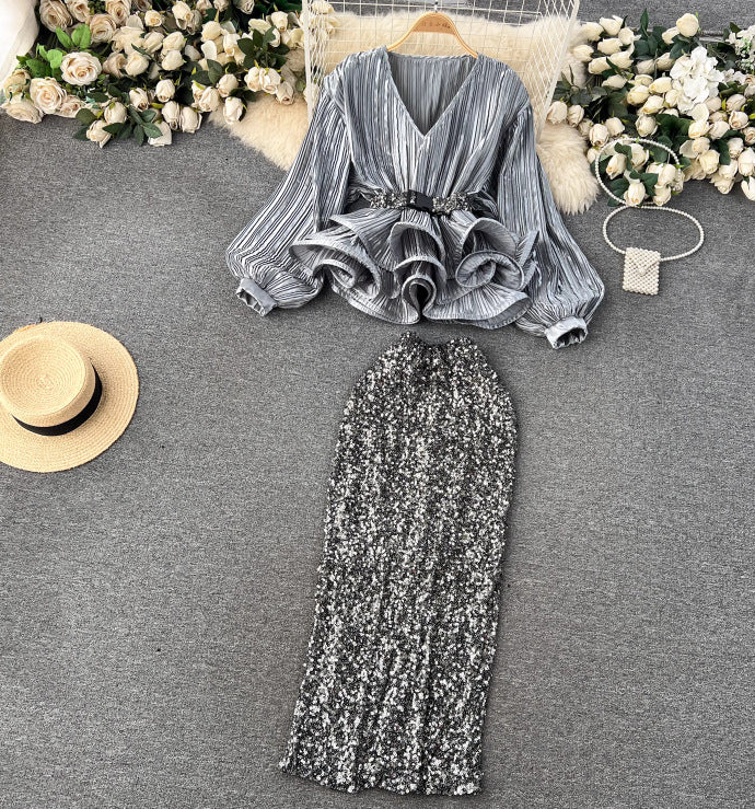 Women's Waist Trimming Ruffles Top Sequined Skirt