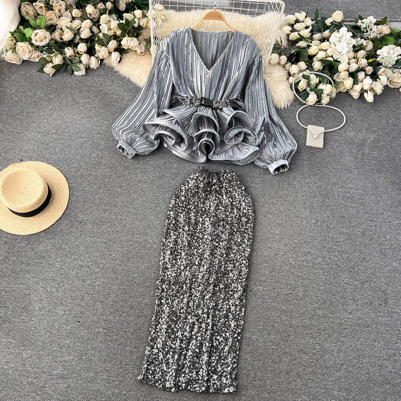 Women's Waist Trimming Ruffles Top Sequined Skirt