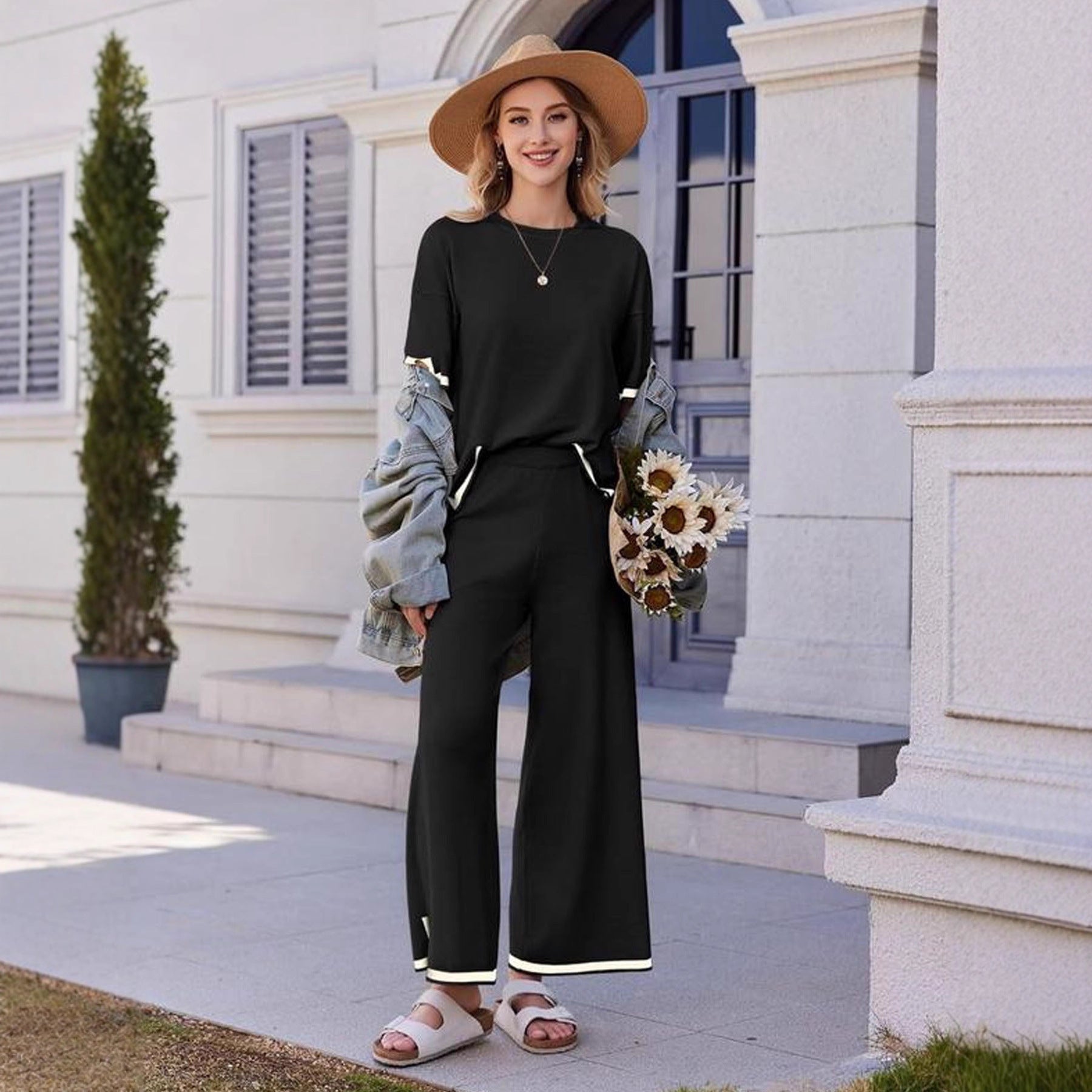 Knitwear High Waist Slimming Wide Leg Pants Trousers Two-piece Suit