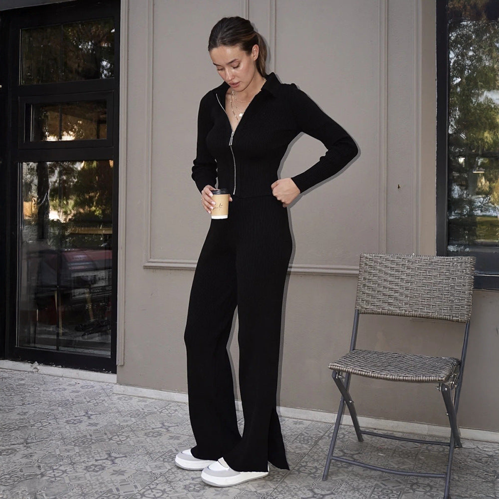 Knitted Cardigan Suit Short Cardigan Split Trousers