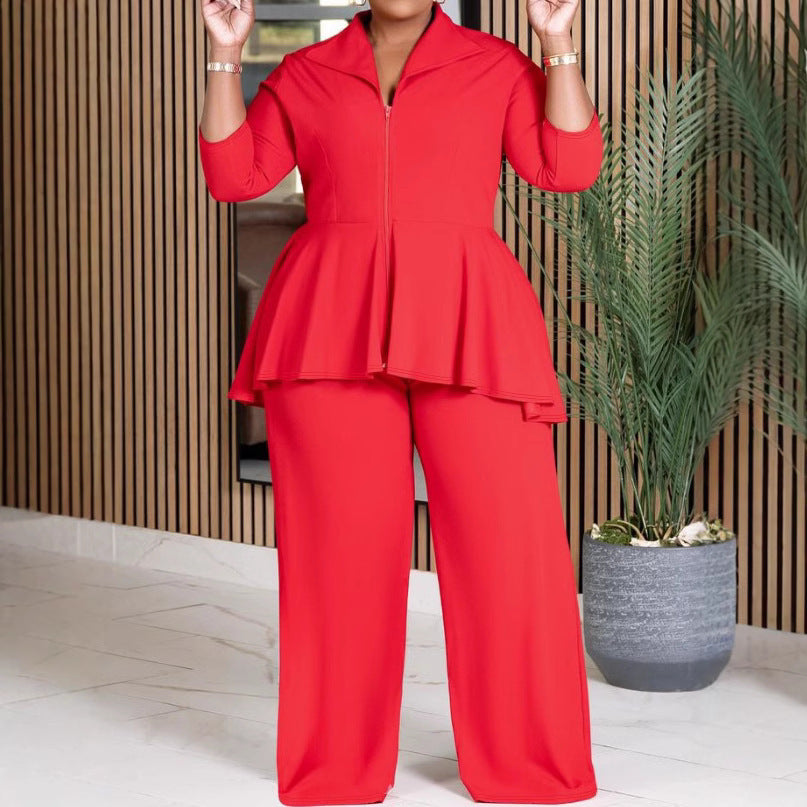 Fashion Commuter Long Sleeve Lapel Zipper Top Wide Leg Pants Solid Color Suit