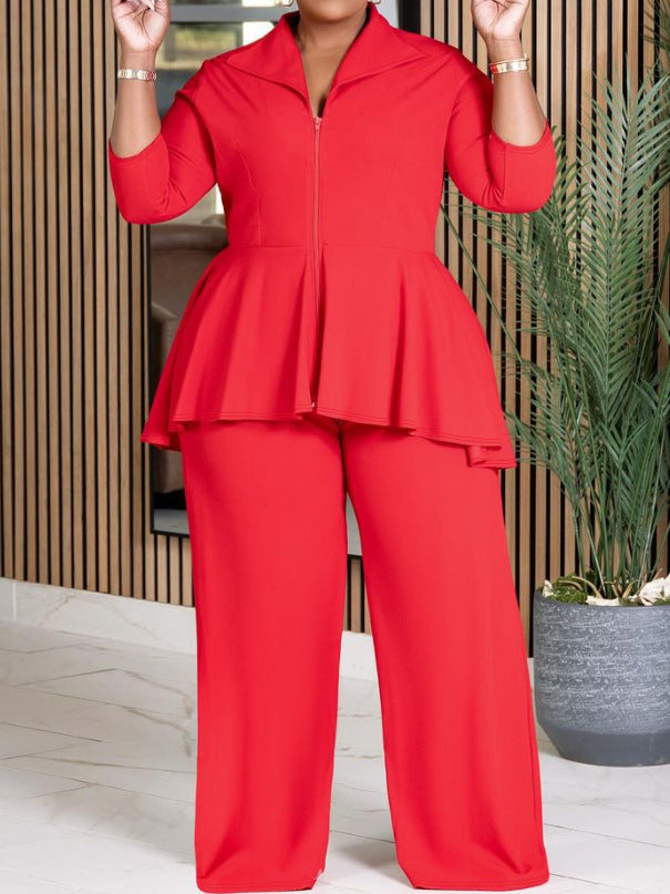 Fashion Commuter Long Sleeve Lapel Zipper Top Wide Leg Pants Solid Color Suit
