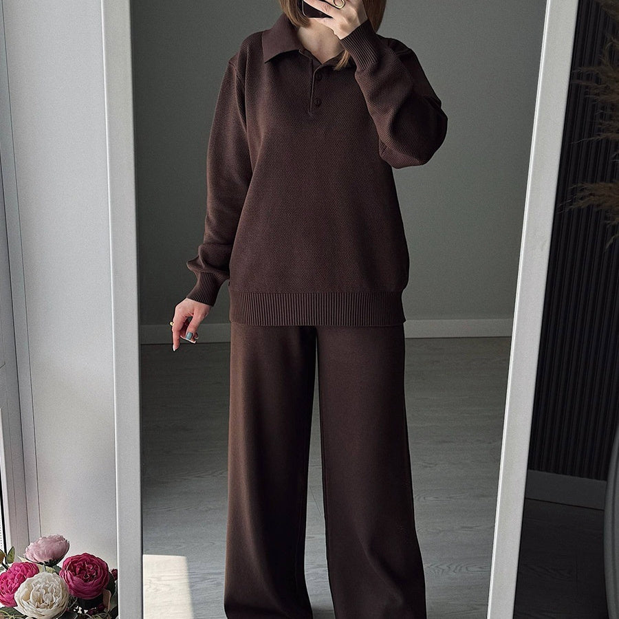 Vintage Casual All-matching Polo Lapel Knitted Sweater Two-piece Overskirt Suit