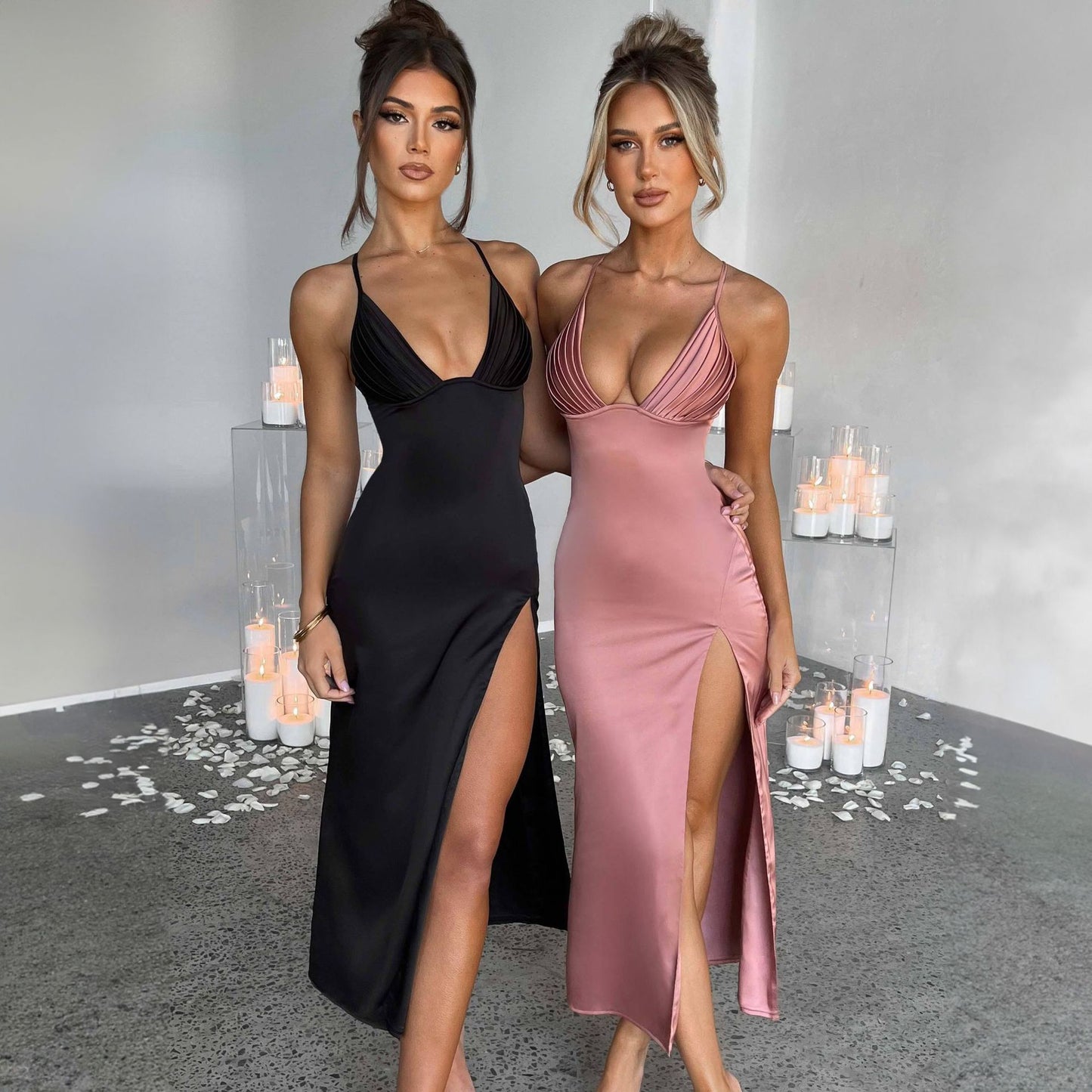 Elevate Your Style: Stunning Spaghetti Strap Bodycon Dress with Deep V-Neck and Eye-Catching Split Design for Effortless Glamour
