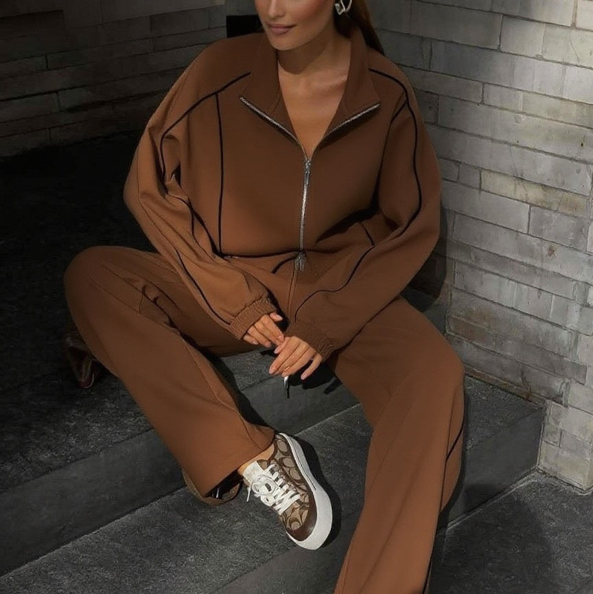 Women's Solid Color Long-sleeved Double Zipper Short Cardigan Lace-up Sports Pants