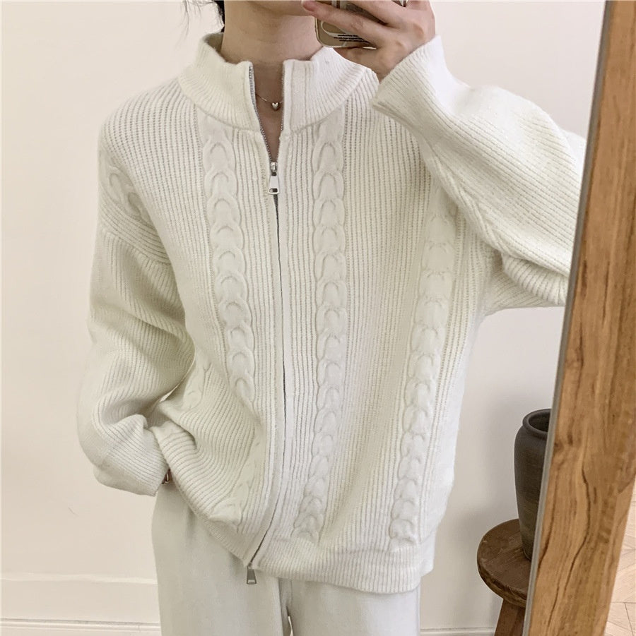 Women's Knitted Zipper Top And Trousers Suit