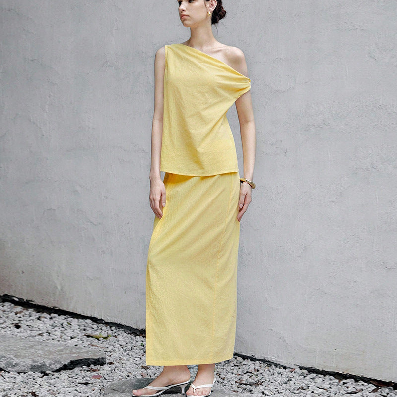Shoulder Sleeveless Top Straight Skirt Suit Solid Color