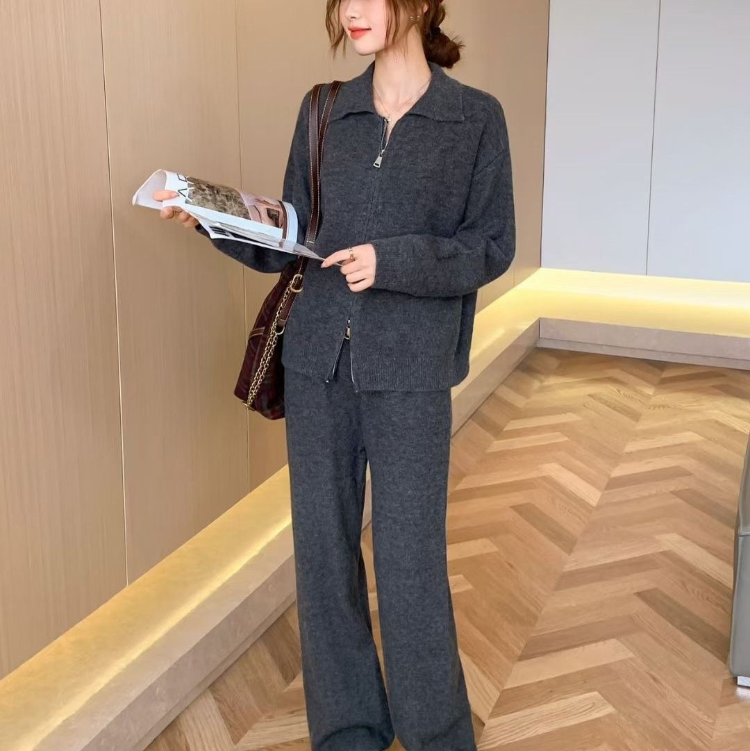 Knitting Suit Women's Double Zipper And Lapel Cardigan Sweater Wide Leg Pants Casual